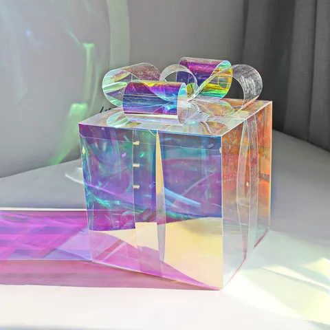 Luminous Iridescent Gift Box Christmas Window Home Decoration Ornaments LED Light Transparent Present Box Party Decor