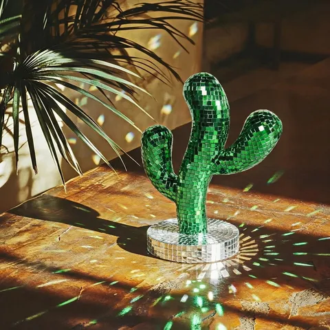 Green Mirror Reflective Disco Cactus Ornament Sculpture Glass Mosaic Disco Ball Cactus For Retro Party Christmas Home Decor
