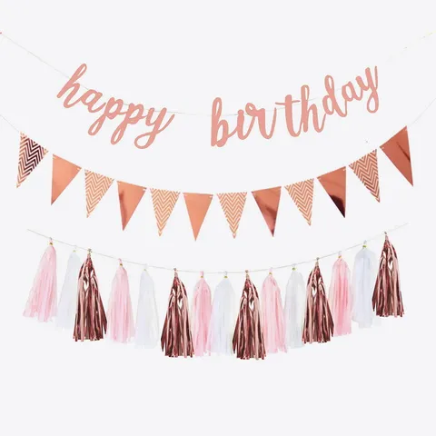 Happy Birthday Banner Party Decorations Set Paper Flower Pom Poms Polka Dot Garland Tassel Garland Celebration Backdrop Hanging Decor