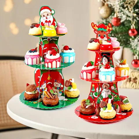 Tiered Christmas Paper Cake Stand Santa Claus Reindeer Snowman Pattern Dessert Display Tower Round Cupcake Holder For Holiday Party Decoration