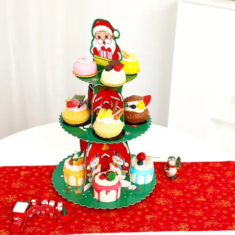 Tiered Christmas Paper Cake Stand Santa Claus Reindeer Snowman Pattern Dessert Display Tower Round Cupcake Holder For Holiday Party Decoration