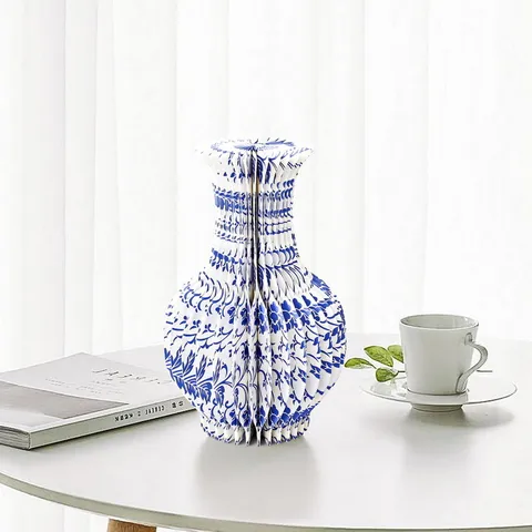 New Chinese Premium Blue And White Porcelain Pattern Foldable Honeycomb Paper Vase Retro Decorative Ornament Desktop Flower Holder For Home Shop Daily Layout Arrangement