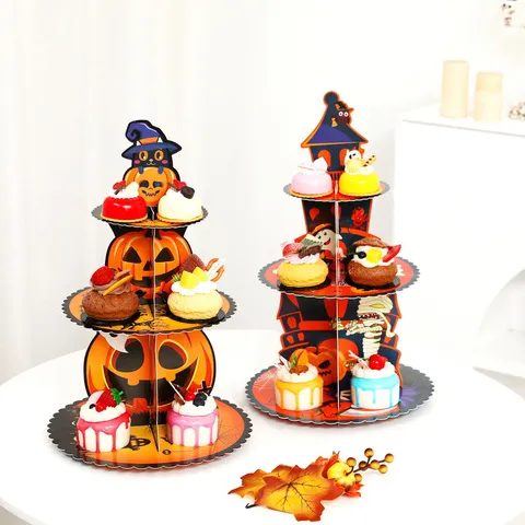 Halloween 3 Tier Cardboard Cupcake Stand Pumpkin Castle Pattern Paper Dessert Display Tower For Party Scene Decoration
