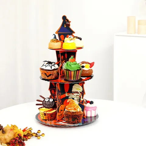 Halloween 3 Tier Cardboard Cupcake Stand Pumpkin Castle Pattern Paper Dessert Display Tower For Party Scene Decoration