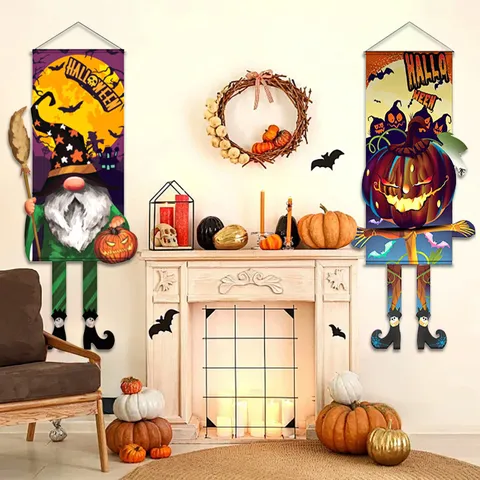 Pancarta Colgante de Halloween Bandera de Tela No Tejida Estampada Bruja Esqueleto Fantasma Calabaza Decoración de Pared para Fiesta