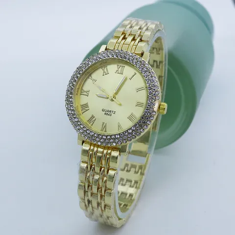 Damen Mode Strass Legierung Uhr Römische Ziffern Großes Zifferblatt Quarzuhr Stilvolle Armbanduhr Gold Silber Elegant Schmuck Geschenk