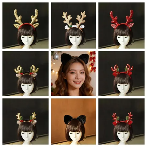 Christmas Reindeer Antlers Headband For Kids Adults Sequin Plush Headband Xmas Party Photo Props Hair Accessories