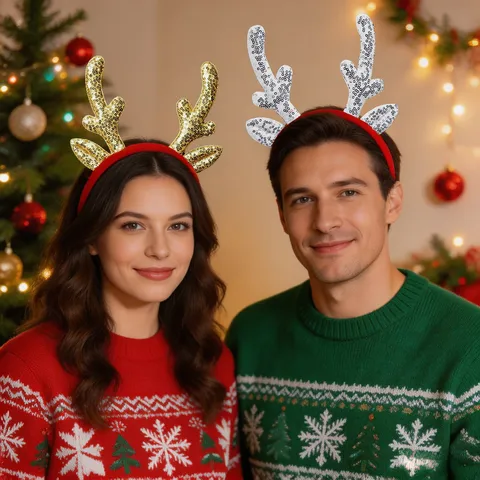 Christmas Reindeer Antlers Headband For Kids Adults Sequin Plush Headband Xmas Party Photo Props Hair Accessories