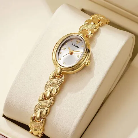 Montre-Bracelet Ovale Vintage pour Femmes Mouvement à Quartz Alliage de Zinc Chaîne Fine Montre de Luxe à la Mode