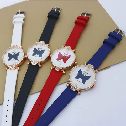 Reloj de Cuarzo para Mujer con Esfera de Patrón de Mariposa Bisel de Strass Correa de Cuero PU Reloj de Pulsera Minimalista Casual Regalo