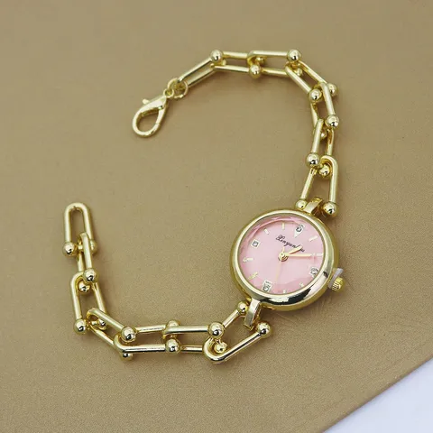 Montre Bracelet Élégante pour Femme en Alliage Chaîne en U Quartz Doré Argenté Marqueurs en Strass Montre de Luxe Mode