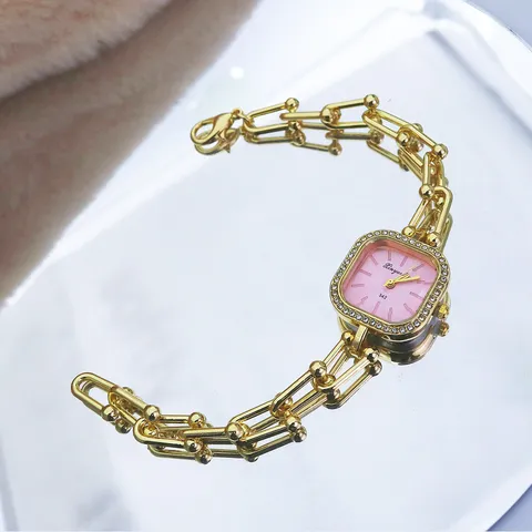 Vintage Luxe Vierkante Wijzerplaat Quartzhorloge Voor Dames Mode U-vormige Metalen Ketting Armband Horloge Strass Bezel Polshorloge