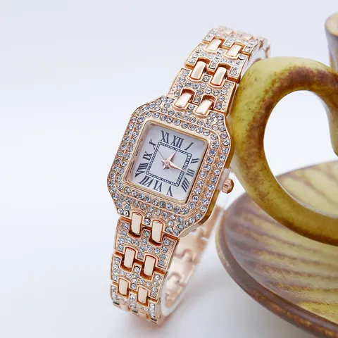 Mode Vierkant Strass Kwartshorloge Voor Dames Luxe Legering Romeinse Cijfers Diamant Ingelegd Polshorloge Elegante Sieraden Horloge
