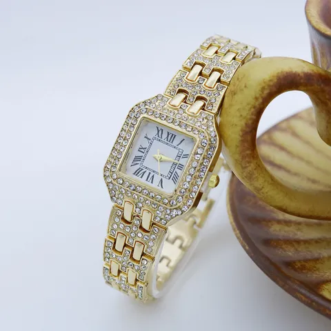 Mode Vierkant Strass Kwartshorloge Voor Dames Luxe Legering Romeinse Cijfers Diamant Ingelegd Polshorloge Elegante Sieraden Horloge