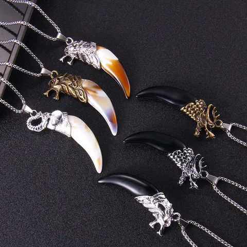 Vintage Stainless Steel Chain Alloy Dragon Wolf Head Faux Bone Wolf Fang Pendant Necklace Punk Jewelry For Men Gift