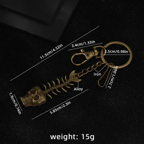 Retro Bronze Legierung Metall Fischgräte Schlüsselanhänger Übertrieben Gothic Totenkopf Fisch Skelett Tasche Auto Anhänger Schlüsselring Für Herren Damen Schmuck Geschenk