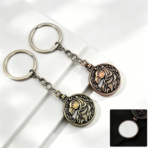 Portachiavi con Specchio Rotondo a Testa di Cavallo Retrò in Metallo Bronzo Vintage Specchietto Pieghevole per Auto Borsa Ciondolo Regalo
