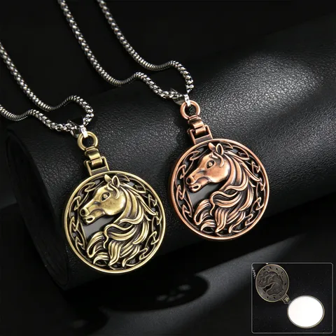 Vintage Edelstahl Pferdekopf Kette Rund Öffnend Spiegel Medaillon Anhänger Lange Kette Geometrischer Schmuck Geschenk Für Damen Herren