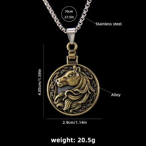 Vintage Edelstahl Pferdekopf Kette Rund Öffnend Spiegel Medaillon Anhänger Lange Kette Geometrischer Schmuck Geschenk Für Damen Herren