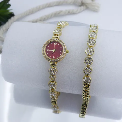 Luxe Femmes Mode Floral Strass Bracelet Montre Ensemble Alliage d'Or Quartz Montre-Bracelet Ensemble Pour Femmes Fête Bijoux Cadeau