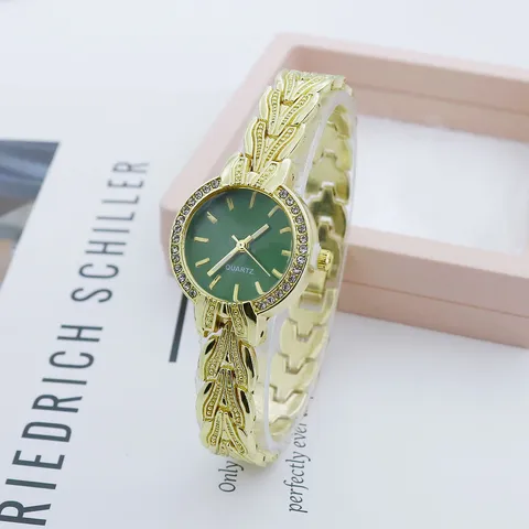 Women Fashion Quartz Watch Alloy Leaf Chain Bracelet Watch Delicate Rhinestone Inlaid Decorative Clock For Lady Daily Banquet Party Gift