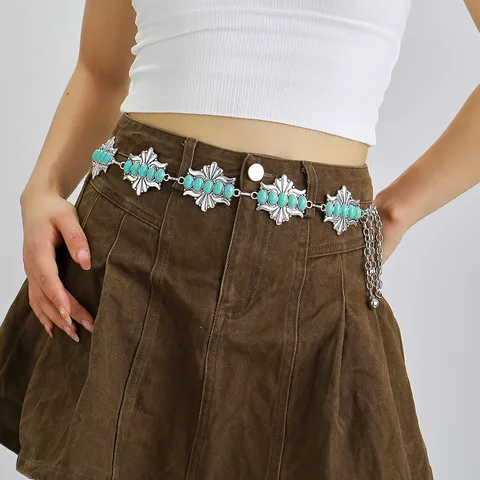 Cadena de Cintura de Aleación Vintage Turquesa para Mujer Cinturón Estilo Bohemio Étnico Tallado con Borlas Cadena para Vestido Vaqueros
