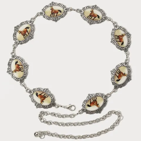 Cadena de Cintura de Metal Motivo Caballo Retro Occidental para Mujer Hombre Cinturón de Eslabones Ajustable en Aleación de Zinc