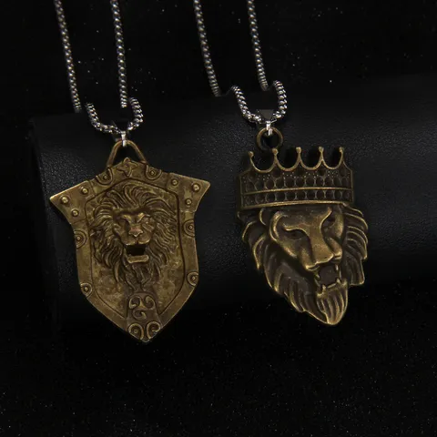 Vintage Stainless Steel Lion King Pendant Necklace For Men Retro Punk Hip Hop Crown Lion Head Shield Emblem Necklace Sweaters Chain Jewelry Gift