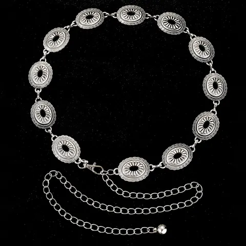 Vintage Metal Girasol Grabado Cadena de Cintura Cinturón Mujeres Retro Bohemio Ajustable Cadena de Cuerpo Joyas