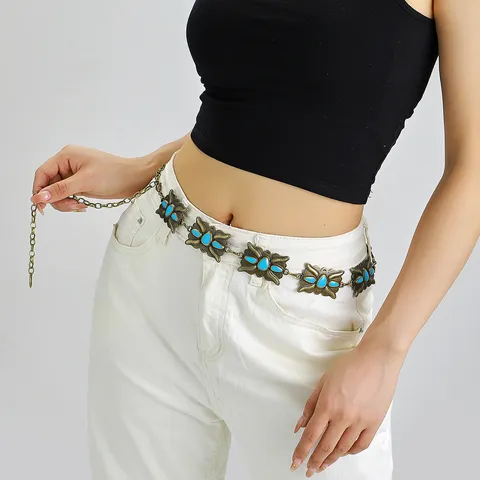 Cadena de Cintura de Metal Vintage Bohemio para Mujer Cinturón de Aleación de Zinc Estilo Étnico Decorativo con Incrustaciones de Turquesa y Flor