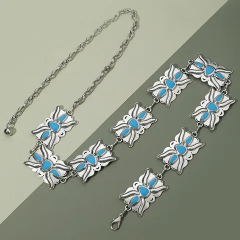 Cadena de Cintura de Metal Vintage Bohemio para Mujer Cinturón de Aleación de Zinc Estilo Étnico Decorativo con Incrustaciones de Turquesa y Flor