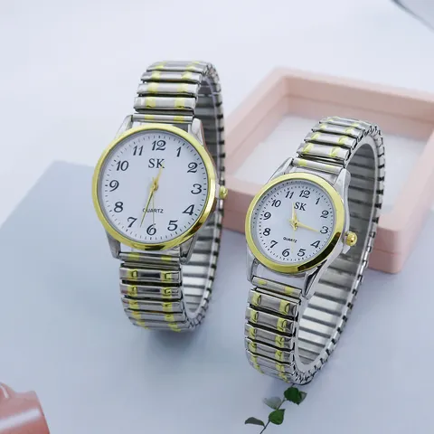 Ouderen Dames Heren Quartzhorloge Grote Cijfers Wijzerplaat Elastische Stalen Band Tweekleurig Goud Zilver Mode Casual Polshorloge
