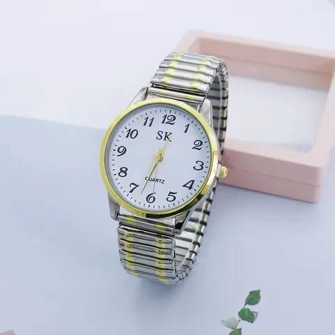 Ouderen Dames Heren Quartzhorloge Grote Cijfers Wijzerplaat Elastische Stalen Band Tweekleurig Goud Zilver Mode Casual Polshorloge