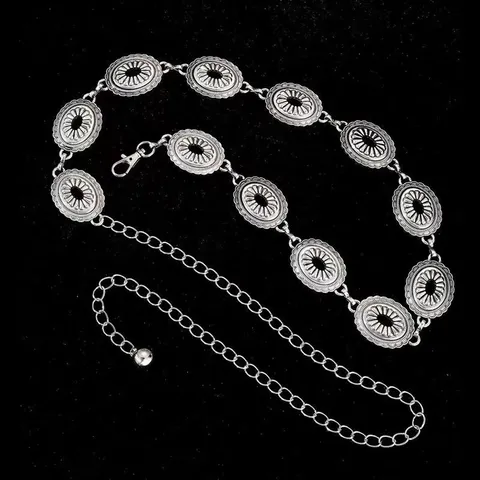 Cadena de Cintura de Aleación de Zinc Bohemio Vintage para Mujer Vaquero Occidental Tallado Girasol Ovalado Turquesa Cadena Metálica Joyería