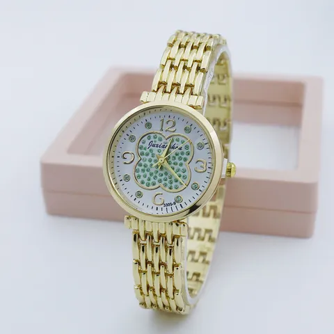 Mode Strass Klaver Vlinder Quartz Horloge Armband Voor Vrouwen Elegante Gouden Metalen Ketting Polshorloge Dames Sieraden Cadeau