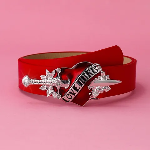 Cinturón Estilo Punk para Mujer Hebilla de Placa de Aleación Patrón de Corazón Labio Occidental Rojo Cinturón de Cuero para San Valentín Fiesta Diario