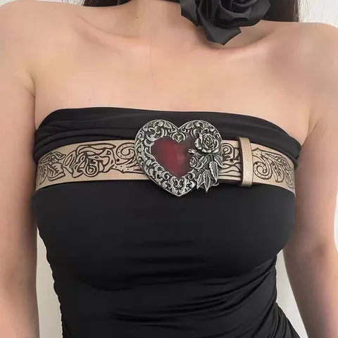 Cinturón de Cuero PU con Corazón en Relieve Vintage para Mujer Pretina con Hebilla de Aleación Retro Americana Patrón Floral Cinturón de Moda Correa Decorativa