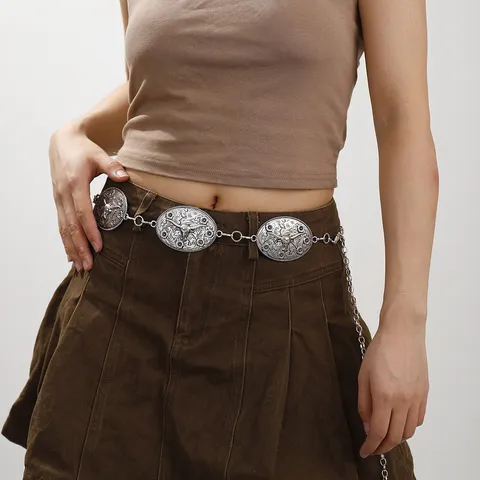 Cadena de Cintura de Aleación de Zinc con Cabeza de Toro Tallada Vintage Cinturón de Metal Bohemio Étnico Ajustable para Mujer