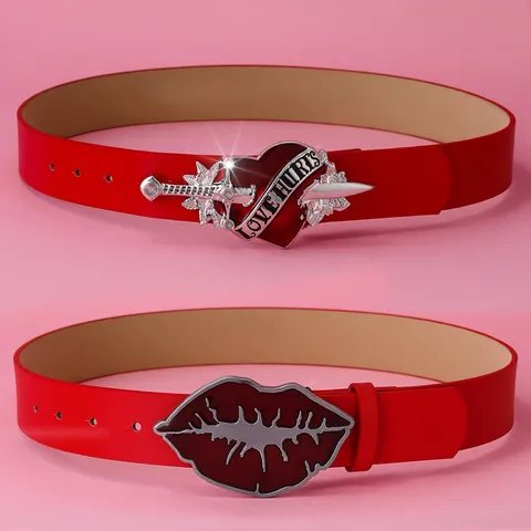 Cinturón Estilo Punk para Mujer Hebilla de Placa de Aleación Patrón de Corazón Labio Occidental Rojo Cinturón de Cuero para San Valentín Fiesta Diario