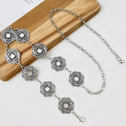 Cadena de Cintura de Estilo Étnico Mujer Retro Plata Tallado Flor Cinturón Ajustable de Eslabones de Metal Joyería para Vestidos