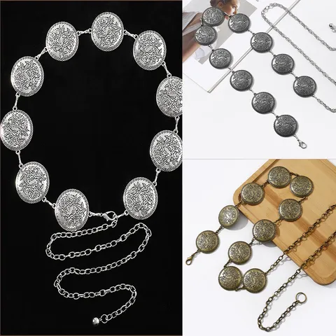 Cadena de Cintura Étnica Vintage de Metal Tallado con Placa Redonda para Mujer Cinturón de Cadena con Textura Floral