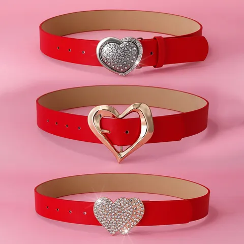 Cinturón de Mujer de Cuero PU de Moda Hebilla de Forma de Corazón con Strass de Lujo Elegante Romántico Accesorio Decorativo de Cintura para San Valentín