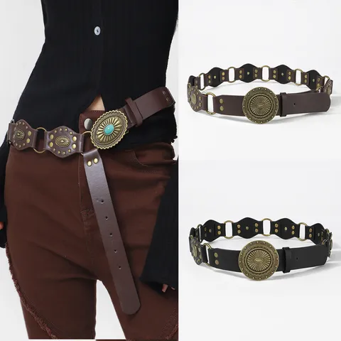 Cinturón Bohemio Vintage Para Mujer Correa De Cuero PU Ancha Decorativa Con Hebilla Redonda Tallada Grande Y Remaches Para Vestidos