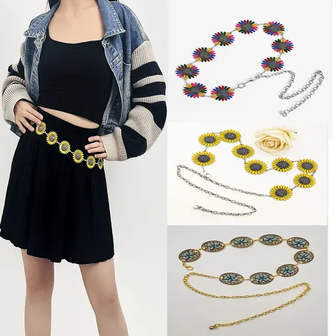Cadena de Cintura de Metal Bohemio para Mujer Adorno de Flor de Margarita Joyería Corporal Cadena de Vientre Ajustable Accesorios de Vestido de Fiesta