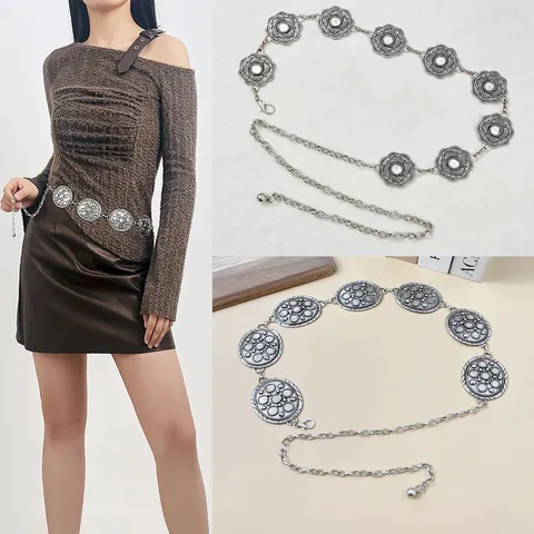 Cadena de Cintura de Estilo Étnico Mujer Retro Plata Tallado Flor Cinturón Ajustable de Eslabones de Metal Joyería para Vestidos