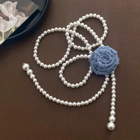 Elegante Cadena de Cintura con Decoración de Perlas Artificiales y Flores Dulce Cinturón de Cuero Sintético Floral para Mujer Joyería