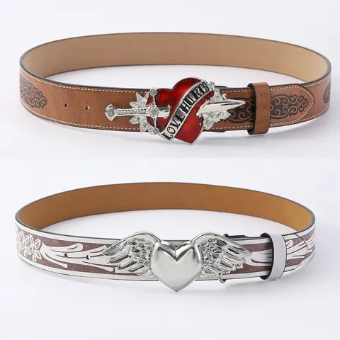 Cinturón de Cuero PU Estilo Western Vintage Mujer Moda Hebilla de Corazón Grabada Punk Gótico Love Hurts Accesorio de Correa Decorativa