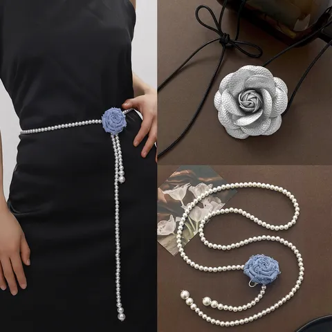 Elegante Cadena de Cintura con Decoración de Perlas Artificiales y Flores Dulce Cinturón de Cuero Sintético Floral para Mujer Joyería