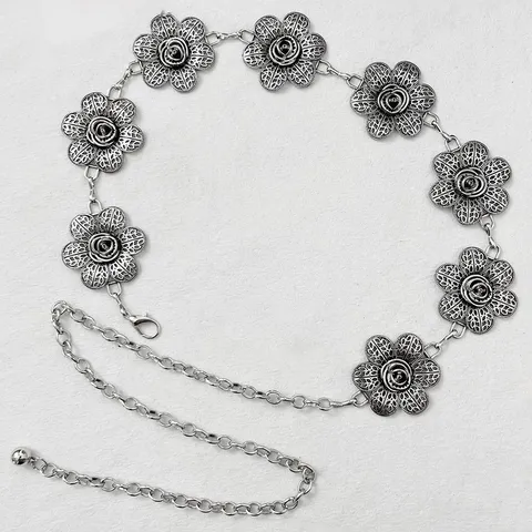 Cadena de Cintura Plateada Estilo Étnico Retro para Mujer Cinturón de Cadena de Metal con Rosas Caladas Accesorio Vestido