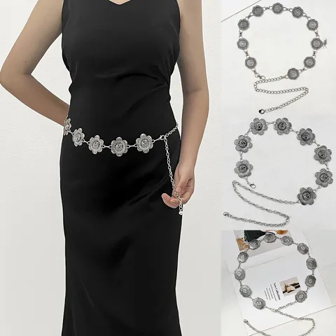 Cadena de Cintura Plateada Estilo Étnico Retro para Mujer Cinturón de Cadena de Metal con Rosas Caladas Accesorio Vestido